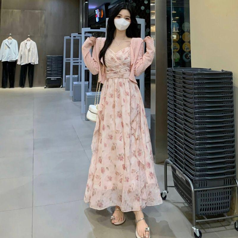 Women's 2026 Pink Floral Strappy Dress & Cardigan Set for Spring/Summer