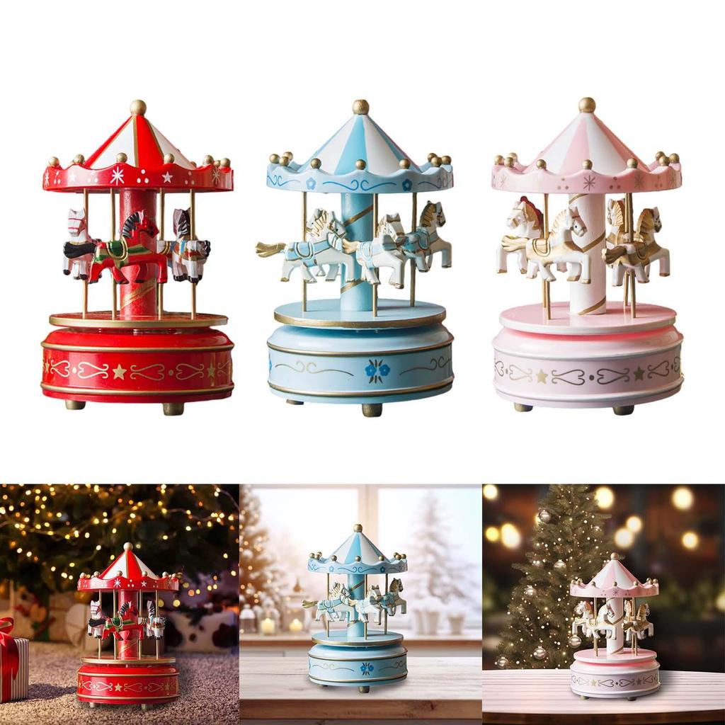 Christmas Wooden Carousel Music Box Turn Horse Shaped Hand Painted Ornament Rotating for Anniversary Present Durable
