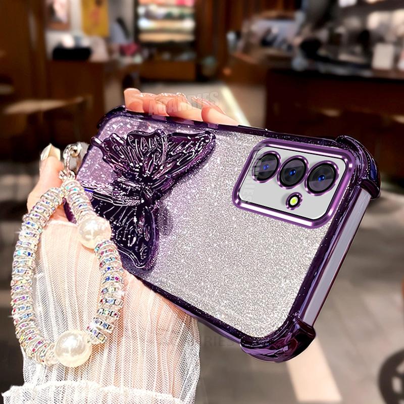 Lanyard Plating Butterfly Holder Silicone Case For Samsung Galaxy A17 A16 A26 A36 A56 A15 A25 A35 A55 A07 Shockproof Stand Cover
