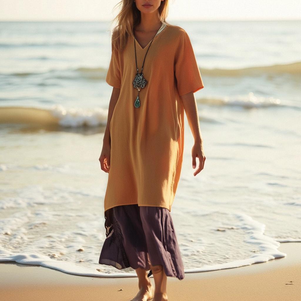 Women's Fashionable And Casual Solid-color Cotton And Linen Dress