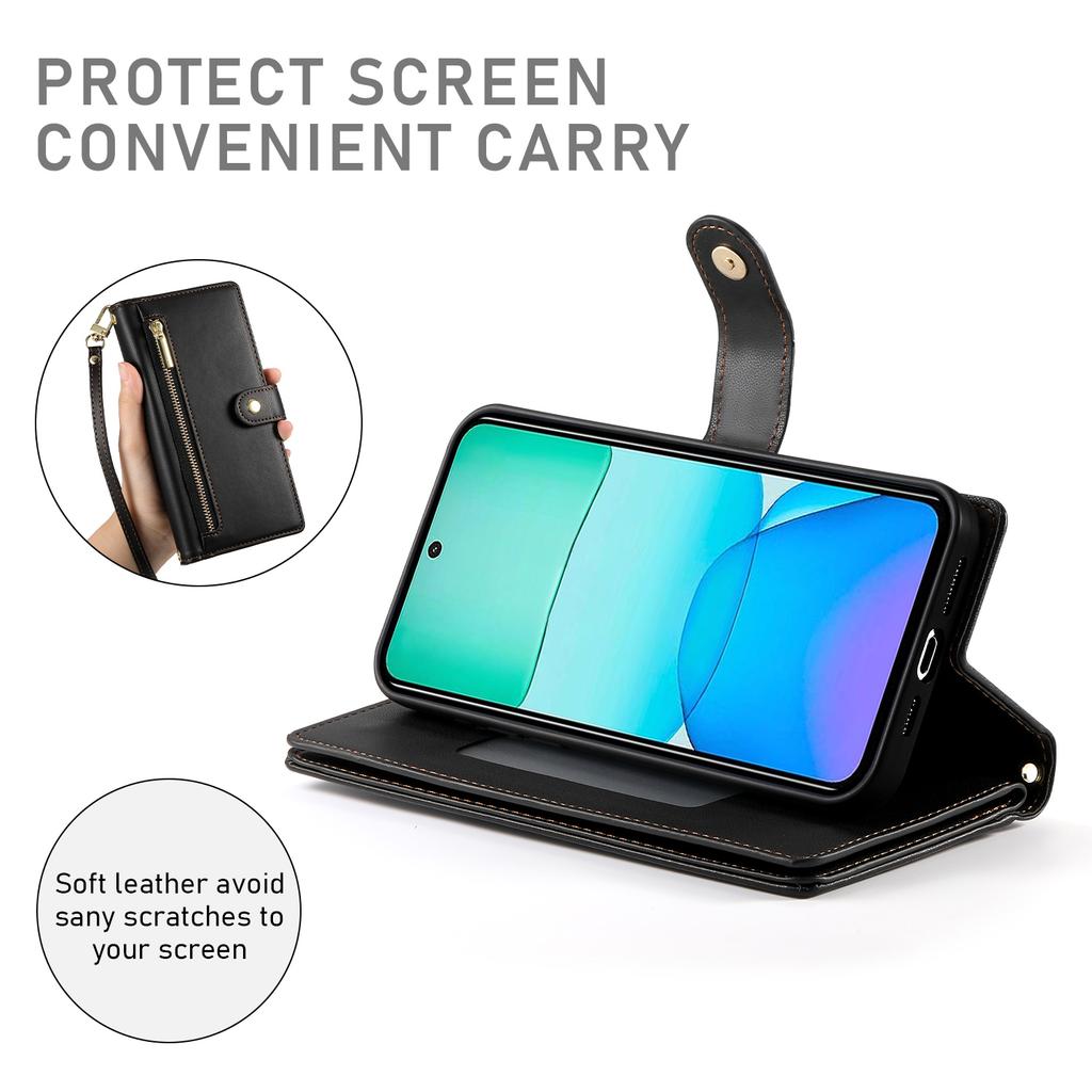 DF-011 For Xiaomi Redmi 13 4G/13 5G Case Zipper Pocket Wallet Leather Phone Cover with Straps