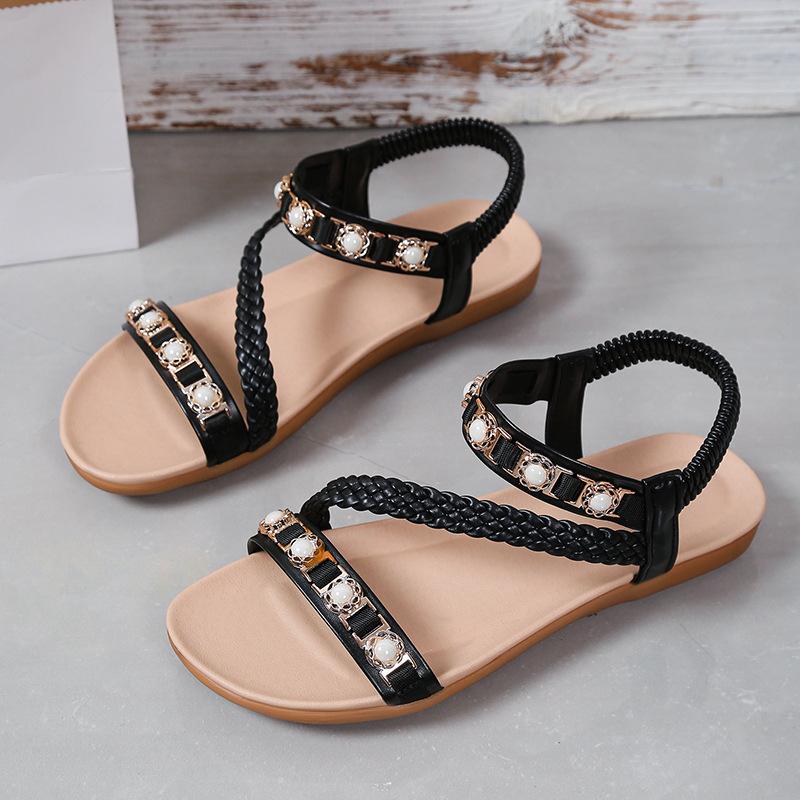 2025 summer new bohemian woven belt flat sandals elastic band large size beach sandals women