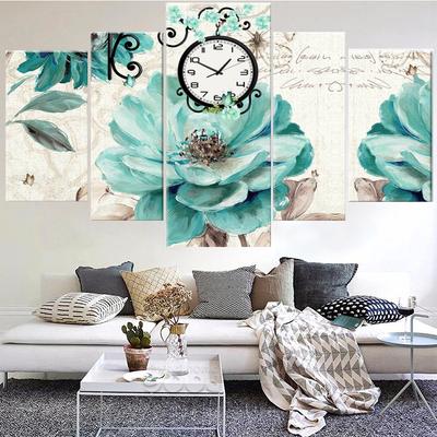 5 peças arte da parede pintura em tela flor verde relógio cartaz moderno sala de estar pintura de parede casa para decoração fotos