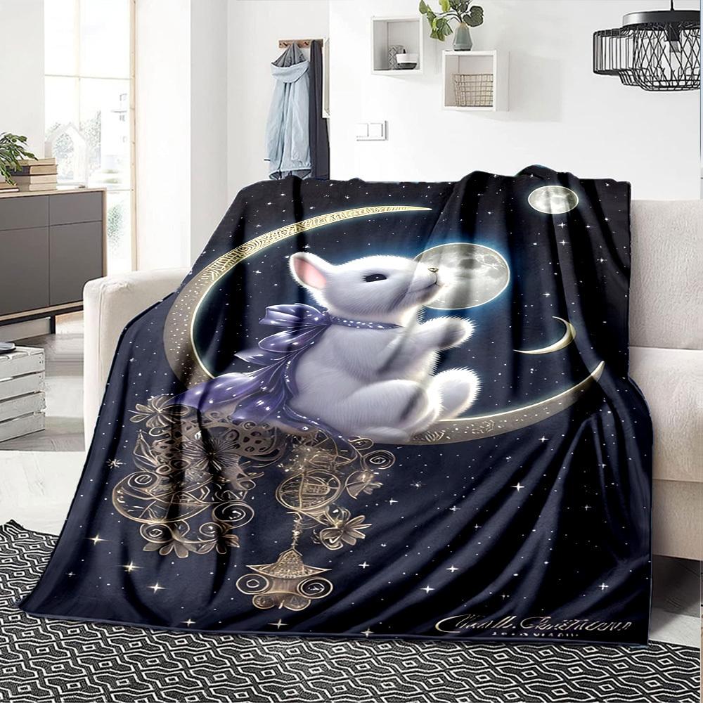 1pc rabbit moon blanket Lightweight Flannel Throw for Sofa Bed Travel Camping Livingroom Office Couch Chair