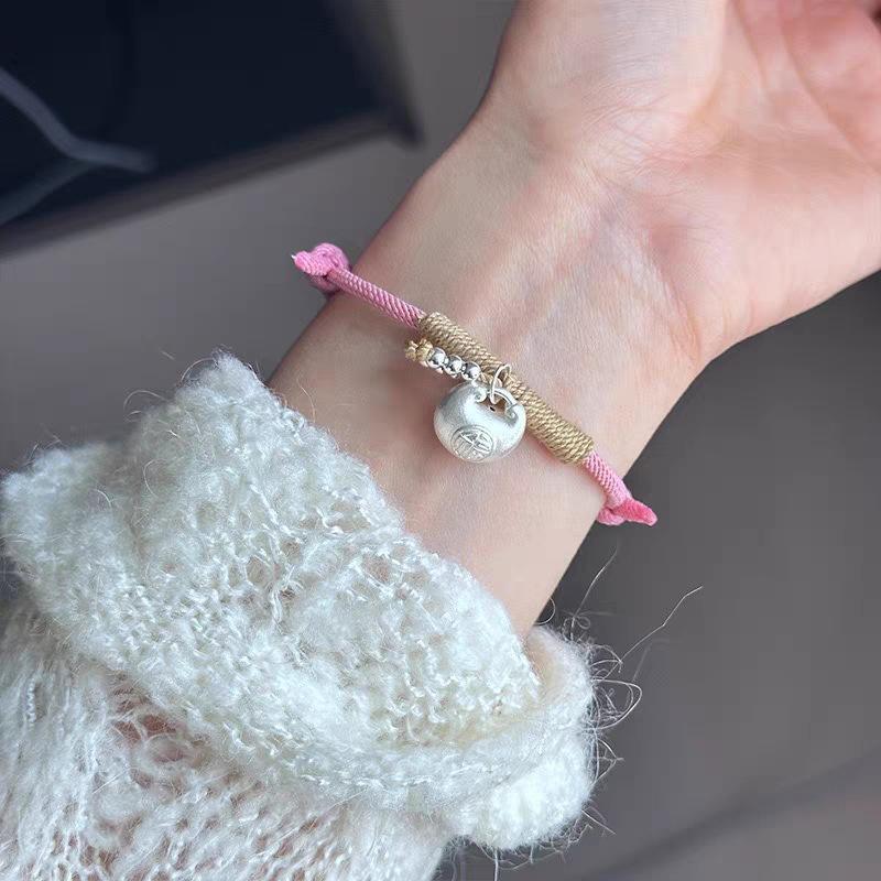 

Новогодний маленький толстый счастливый браслет с розовым покрытием из серебра 925 пробы, плетеная веревка в национальном стиле, новый китайский милый и сладкий регулируемый Adjustable size