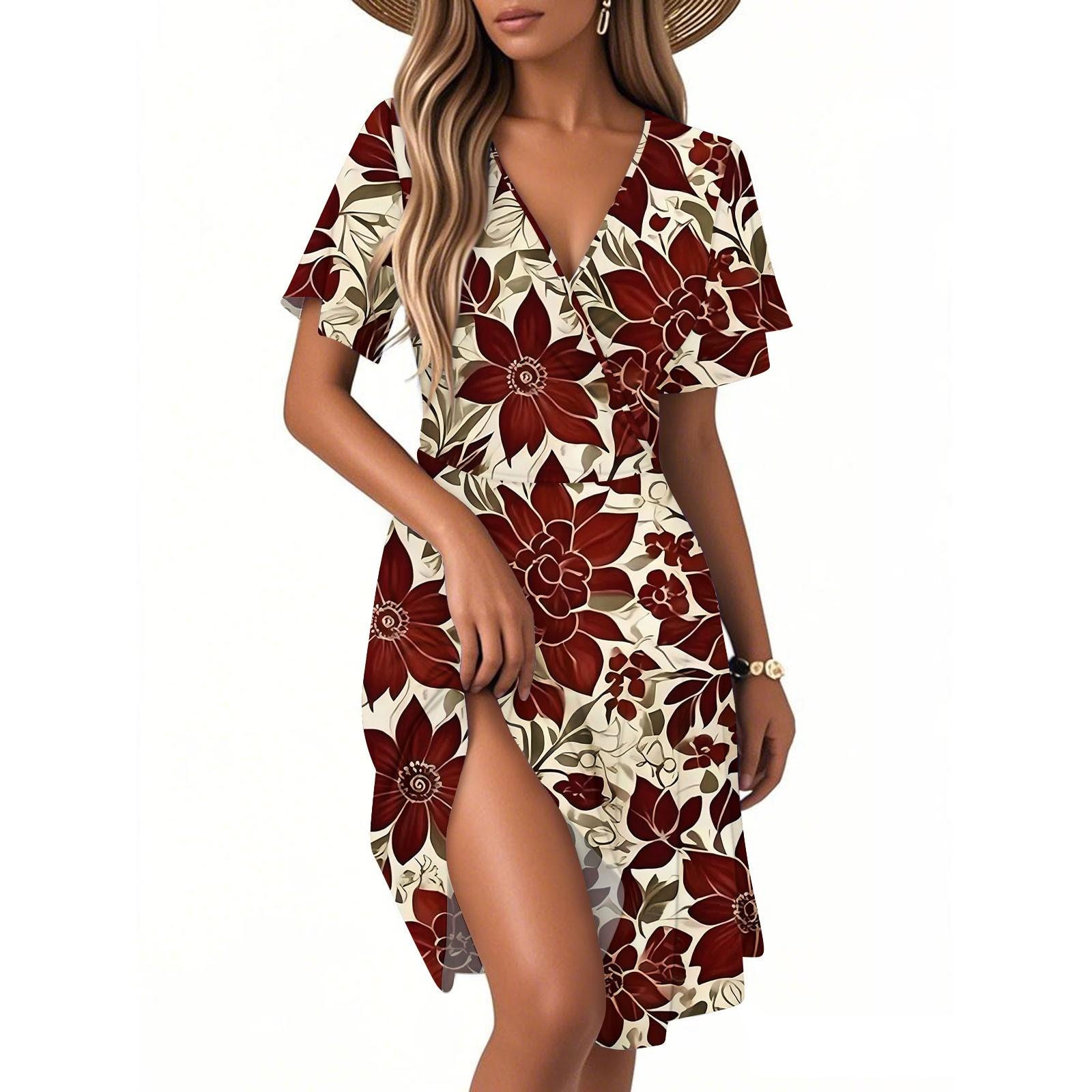 

Женское повседневное модное платье с винтажным цветочным принтом и коротким рукавом и V-образным вырезом M