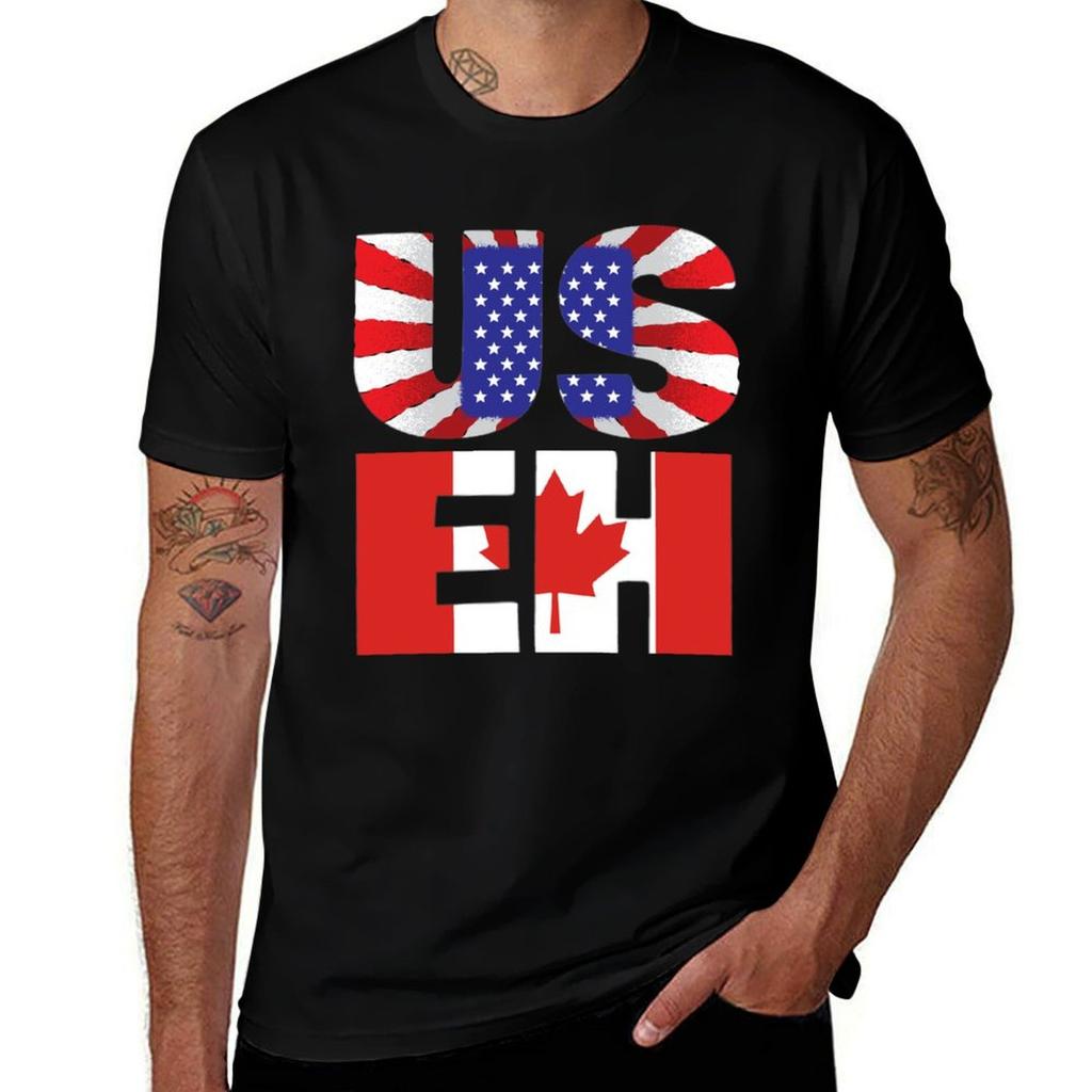 Useh Tshirt Us Eh Shirt American Flag Canadian Flag Tshirt Large Size Loose Casual Tee