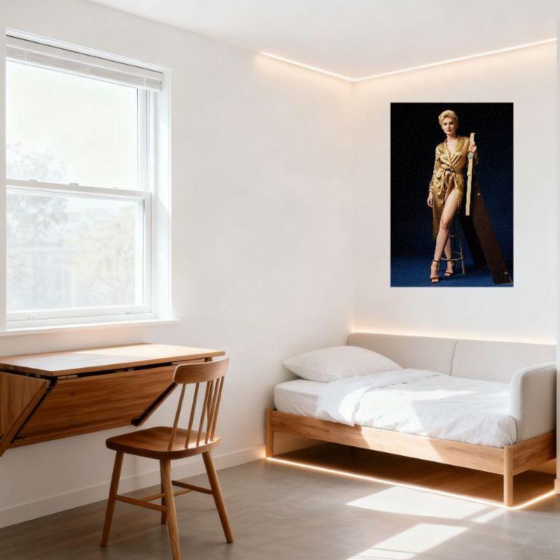 Sexy Blonde Woman Golden Satin Robe Studio Photo Metal Tin Sign, High Heels & Easel Wall Decor for Bar Pub Home Cafe, Vintage Ar