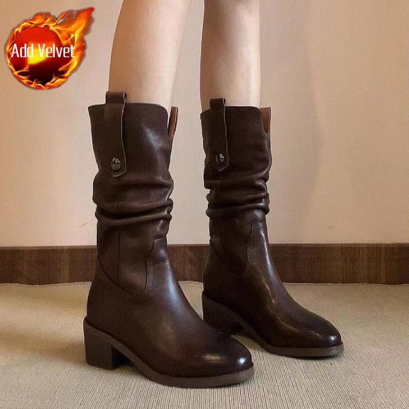 

Модные элегантные полусапоги на каблуке с круглым носком и флисовой подкладкой для женщин, дизайнерская роскошь, удобные, демисезонные, теплые ботинки до середины икры для женщин 40