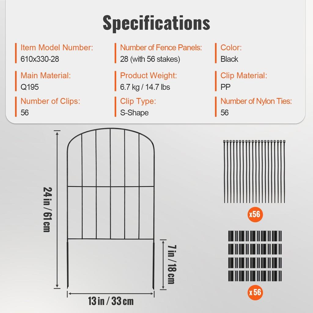 Garden Fence, No Dig Fence 24''(H)x13''(L) Animal Barrier Fence, Underground Decorative Garden Fencing with 2 Inch Spike Spacing, Metal Dog Fence for
