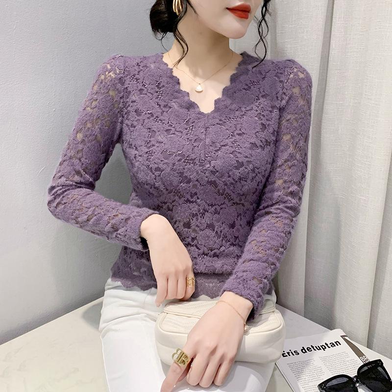 Women's V-Neck Lace Mesh Velvet Top - Long-Sleeve, Slim, Stylish for Autumn/Winter