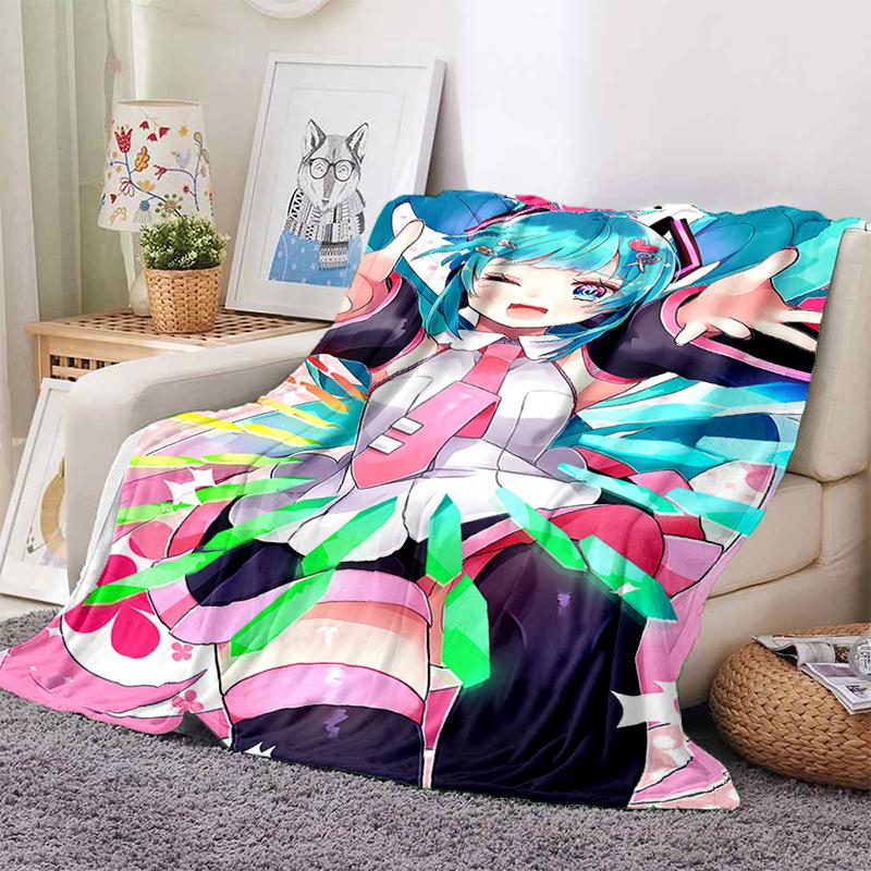 3D M-MIKUS Music VOCALOID Cartoon Girl Soft Plush Blanket,Flannel Throw Blanket for Living Room Bedroom Bed Sofa Cover Gift