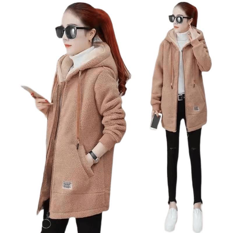 Women's Faux Lamb Wool Hooded Cardigan – New Style, Warm, Loose Fit, Mid-Length Winter Outerwear