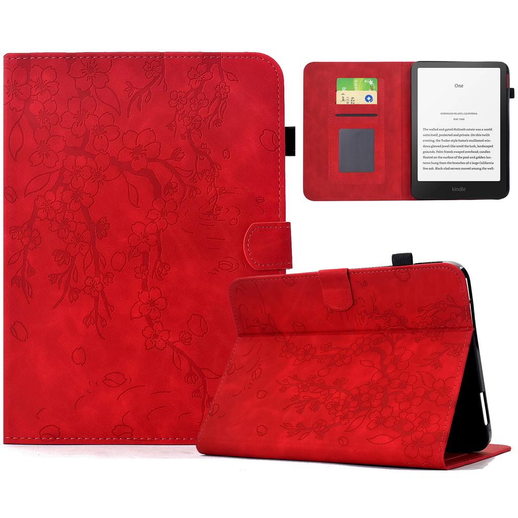 For Amazon Kindle Paperwhite (2024) Case Imprinted Plum Blossom Stand Card Slots Leather Tablet Cover with Auto Sleep/Wake