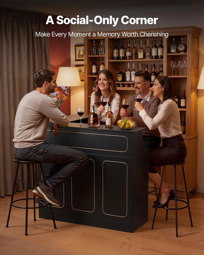 Home Bar Unit, L-Shaped Wine Bar Cabinet Table 4-Tier with Storage Shelves, Wine Glass Holder, 136 Kg Max Capacity, Wood Liquor Cabinet for Home,