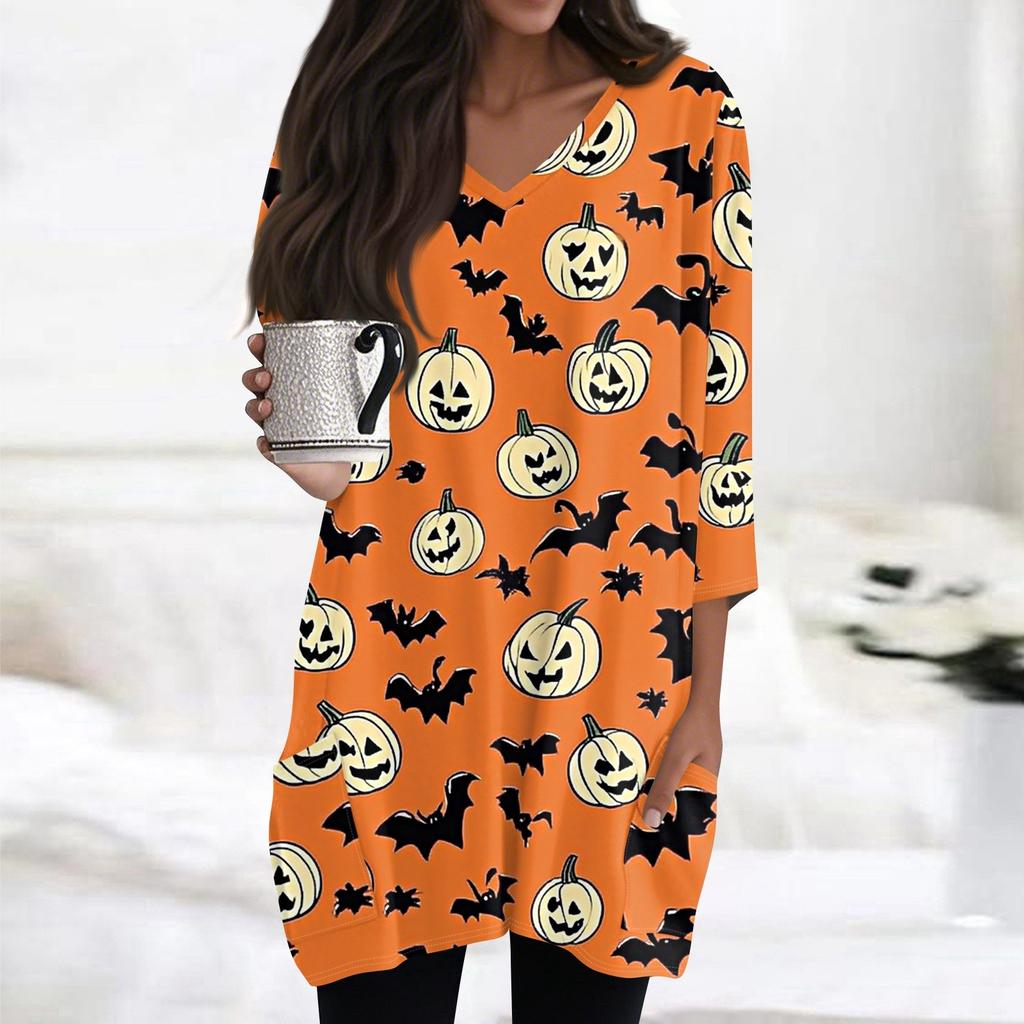 Womens Tops V-neck 3/4 Sleeve Blouses Casual Mid-length Shirts Fashion Halloween Print Tunic Tops With Pockets