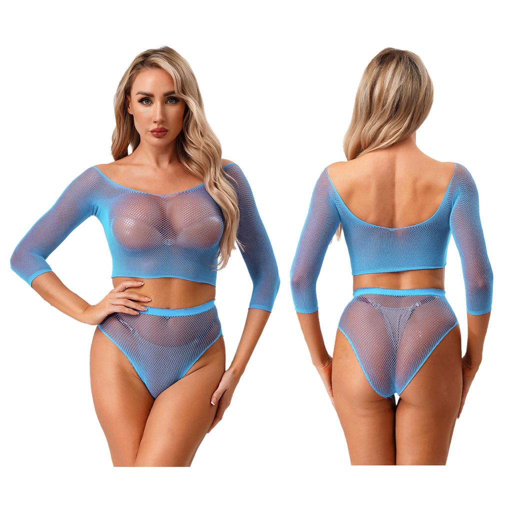 Sexy Women Lingerie Fishnet Top Briefs Set See Through Bikini Cover Couples Role Play Costume Tempting Outfit