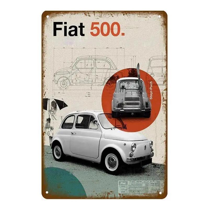 Sinais de Lata de Metal Vintage Clássico Fiat 500 Pôster de Metal Decoração de Arte de Parede Pôster Decoração de Parede para Casa Café Bar Pub Pôster Arte em Metal de Carro