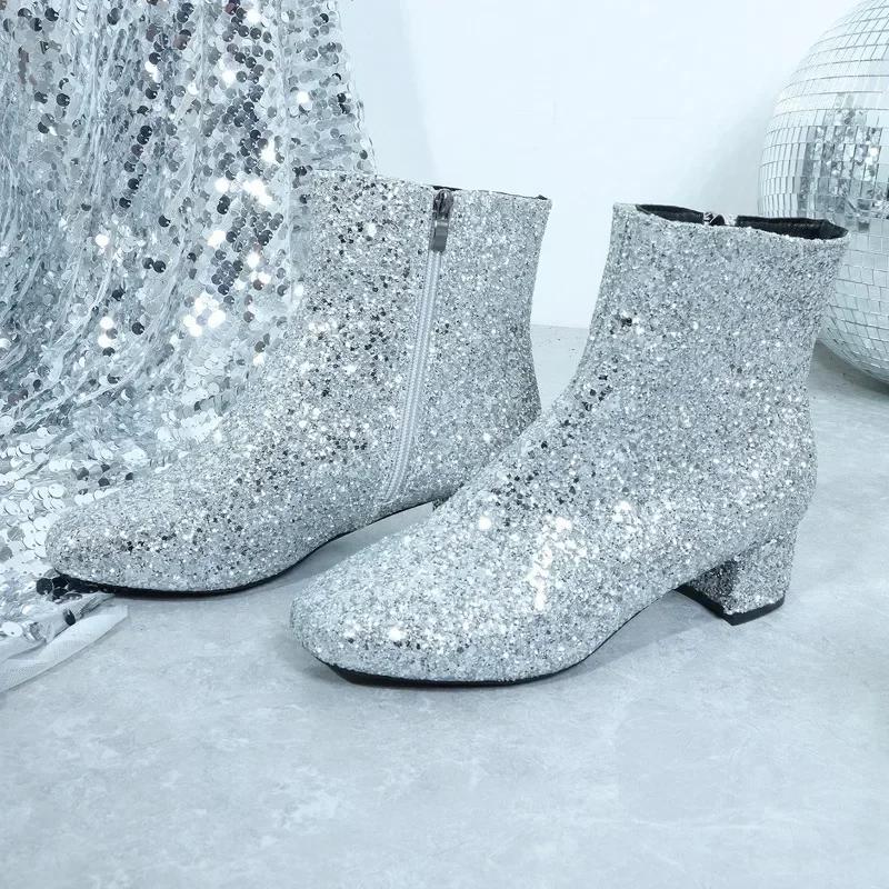 Fashion Women's Fashion Ankle Boots Christmas Glitter Side Zip Block Heel High Heels Cowboy Boots Banquet Wedding Sequins Botas Mujer