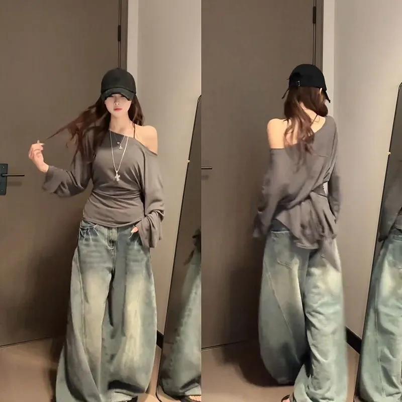 Women See Through Long Sleeve Oversize T Shirt Design Back Bandage Off Shoulder Top Female Long Tees Korean Lady