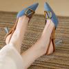 Korean Style Elegant Pointed Toe Stiletto Heel Denim Sandals for Spring and Autumn