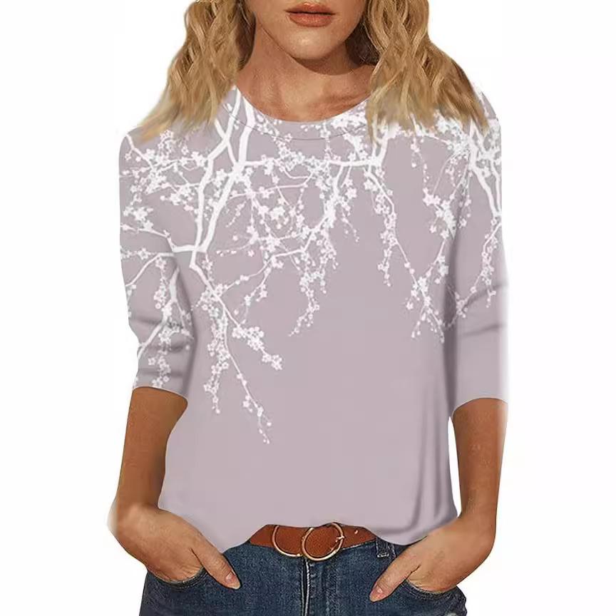 Spring and Autumn Round Neck Butterfly Flower Pattern 3D Printed Top Fashionable Casual Long Sleeved Women's T-shirts