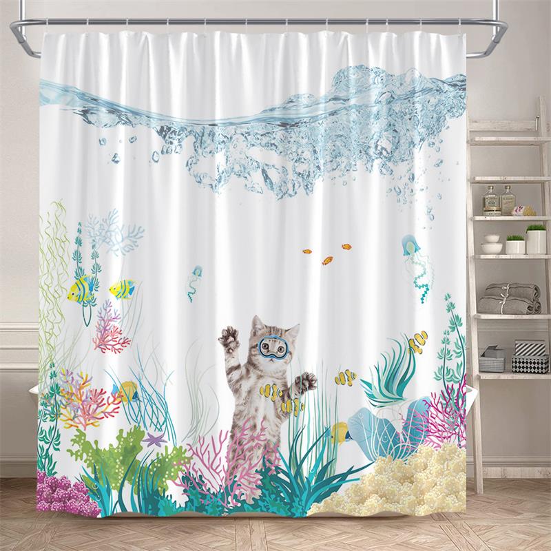 Funny Diving Cat Shower Curtain Whale Sea Turtle Seahorse Fish Coral Ocean Animals Underwater Scenery Children Bathroom Decor