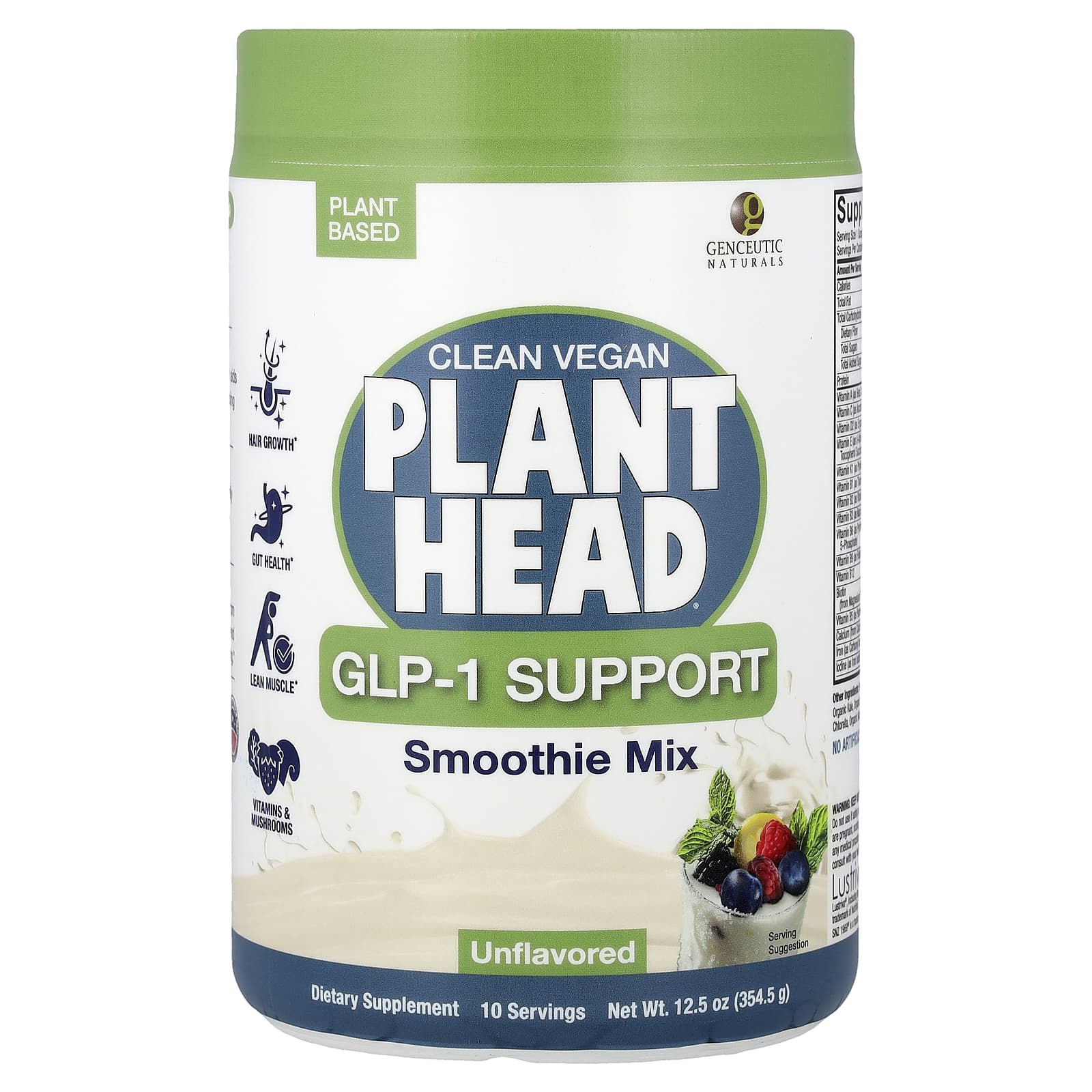 

Clean Vegan Plant Head®, Glp-1 Support, Smoothie Mix, Unflavored, 354.5 G (12.5 Oz)