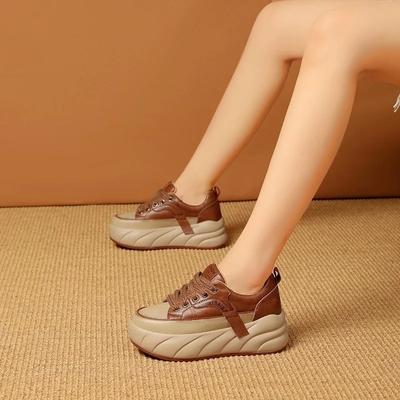 Leather Low Top Shoes for Women Retro  Autumn New Korean Version Wedge Sneakers Student Lace Up Anti Slip Casual Sport Shoes