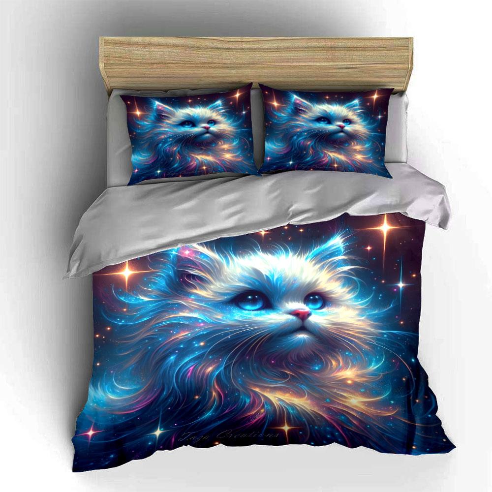 Galaxy-Themed Cat Artwork Set  Exquisite three-piece bedding set gift for kids and adults 135x200cm