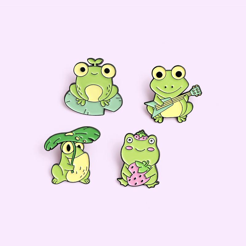 Frog Cute Unique Playing Music Brooch Beautiful Strawberry Accented Pin Alloy