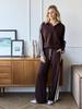 Completo casual da donna con bordi in pizzo, colletto ripiegabile, maniche lunghe e pantaloni per Primavera/Autunno