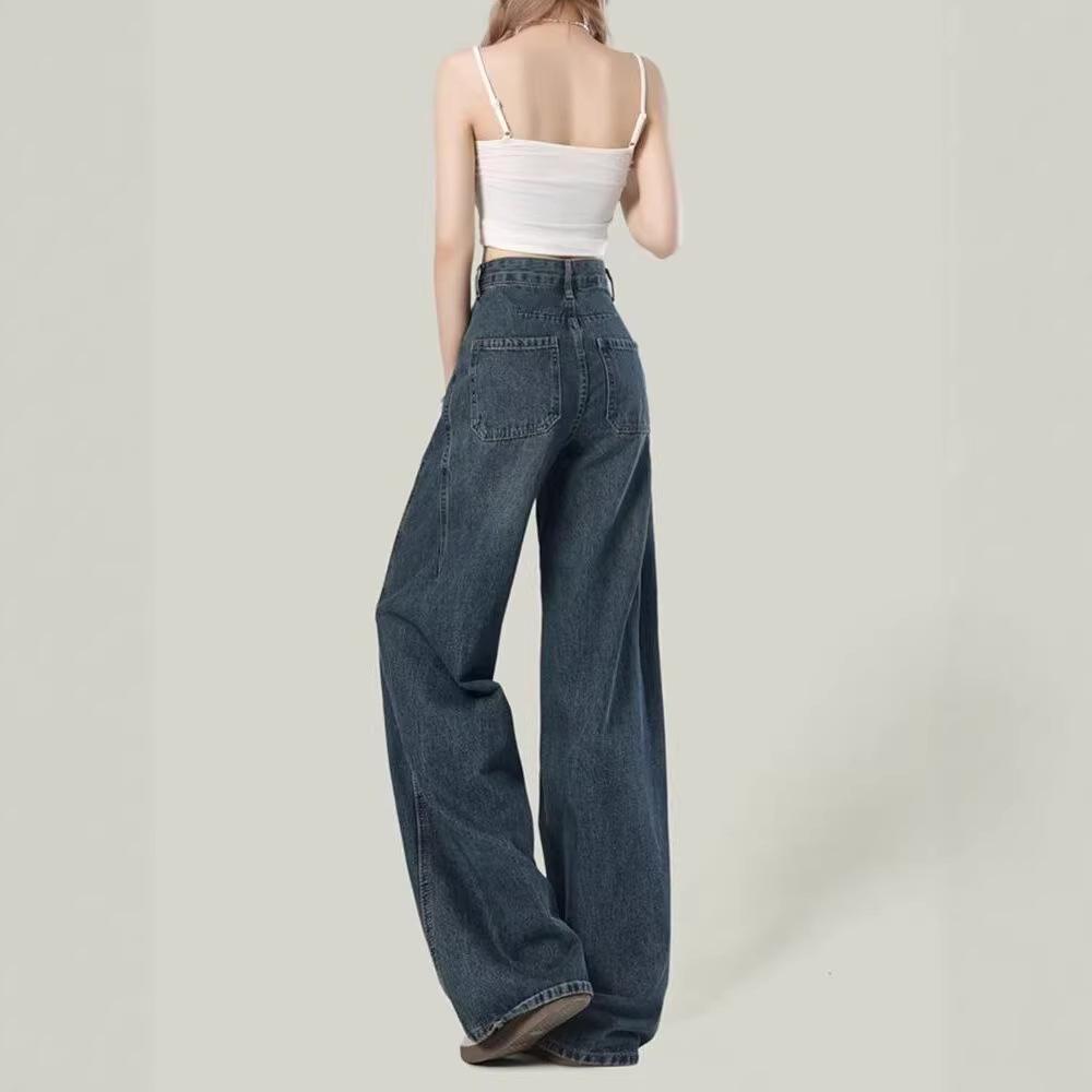 Women's Elastic High-Waisted Wide-Leg Jeans 2026 - Slimming Petite Floor-Length Straight Pants for Spring/Autumn