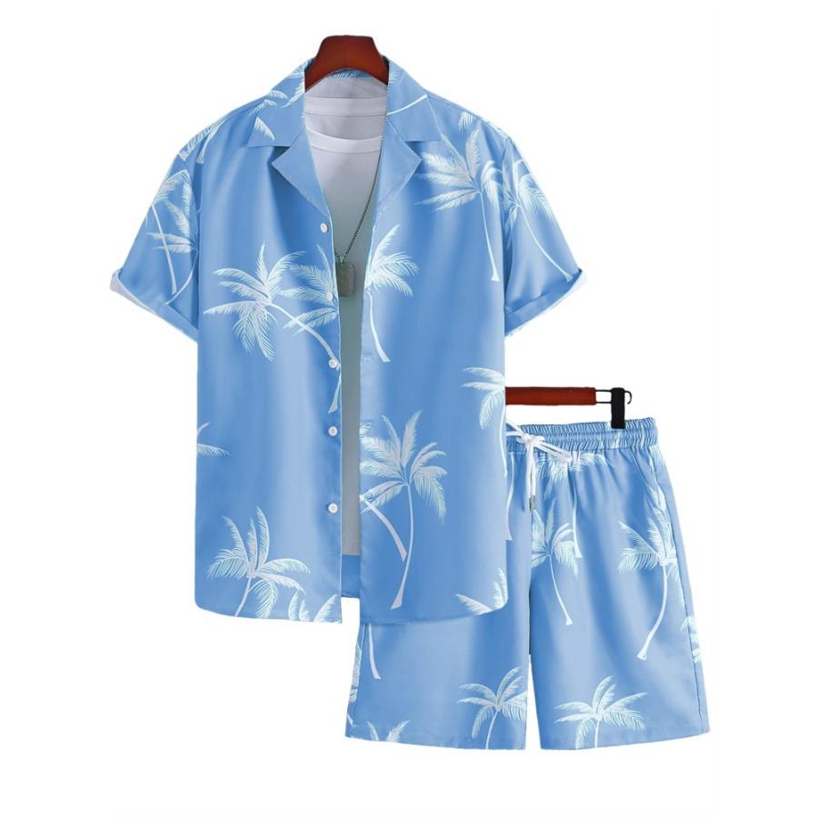 Men's Short Sleeve Shirt Set Blue Ocean Palm Tree Printed Shirt Hawaiian Beach Shirt Set