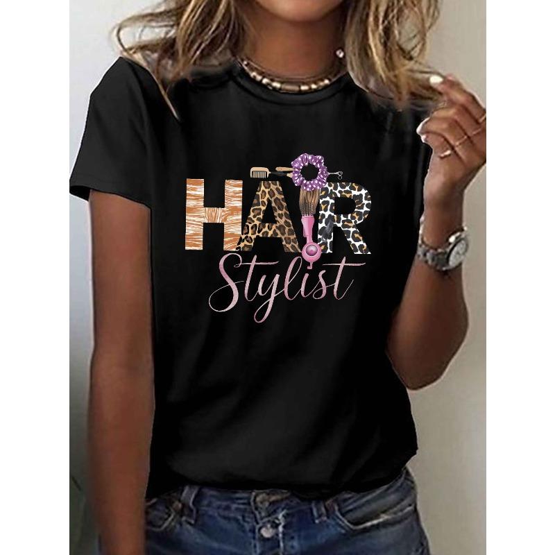 European Size Women'S Casual Crew Neck T-Shirt with Geometric Animal Print  Short Sleeve Top for All Seasons