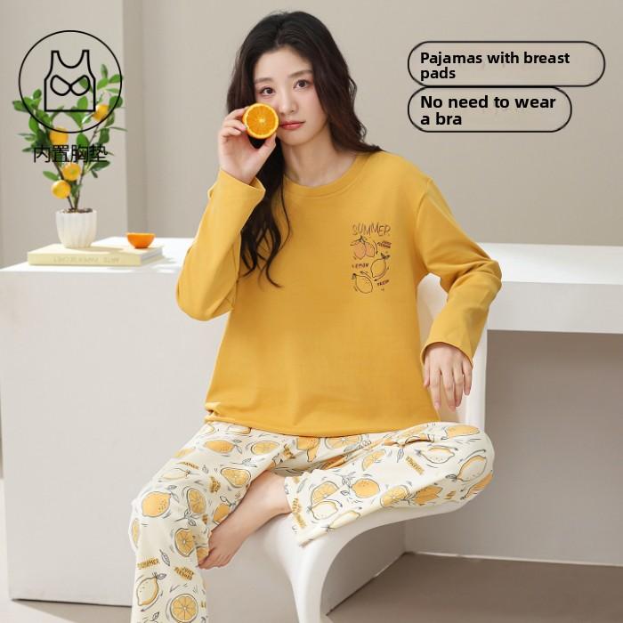 Women Pajama Set with Built in Chest Pads Crew Neck Long Sleeve Top & Pants Cute Print Soft Casual Loungewear Home Sleepwear
