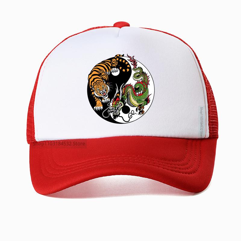 Chinese Dragon And Tiger Tattoo Print Mesh Baseball Cap Summer Adjustable Breathable Trucker Hat Fashion Casual Sun Hats