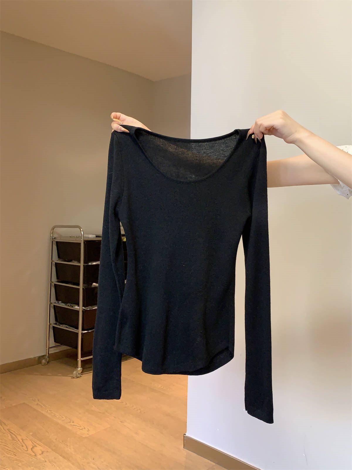 

Chic Low-Neck Collarbone Knit Sweater for Women - Versatile Gentle Style for Spring, Autumn, and Winter Large чорний