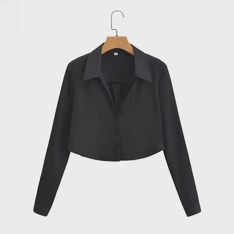 2025 Women's Summer Satin Silk Long-Sleeve Short Shirt - European & American Style