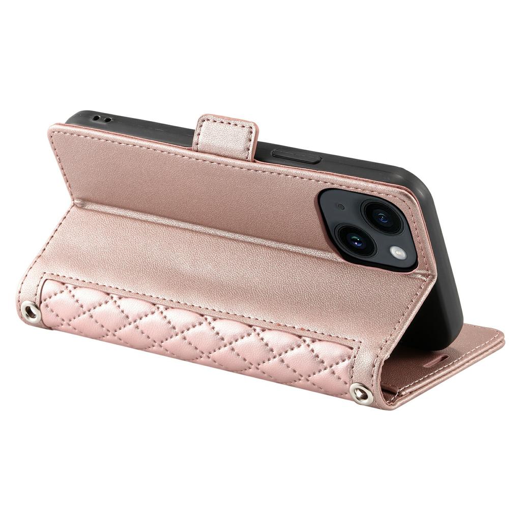 For iPhone 15 Leather Case Rhombus Texture Wallet Stand Phone Cover with Wrist Strap