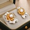Elegant Floral Pearl Stud Earrings Women Gold Plated Flower Design Chic Boho Jewelry 2025