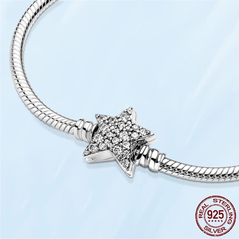 925 Sterling Silver Cubic Zircon Star Chain Link Snake Bone Chain Bracelet for Women Fit Original Fashion Charms Bead DIY Making