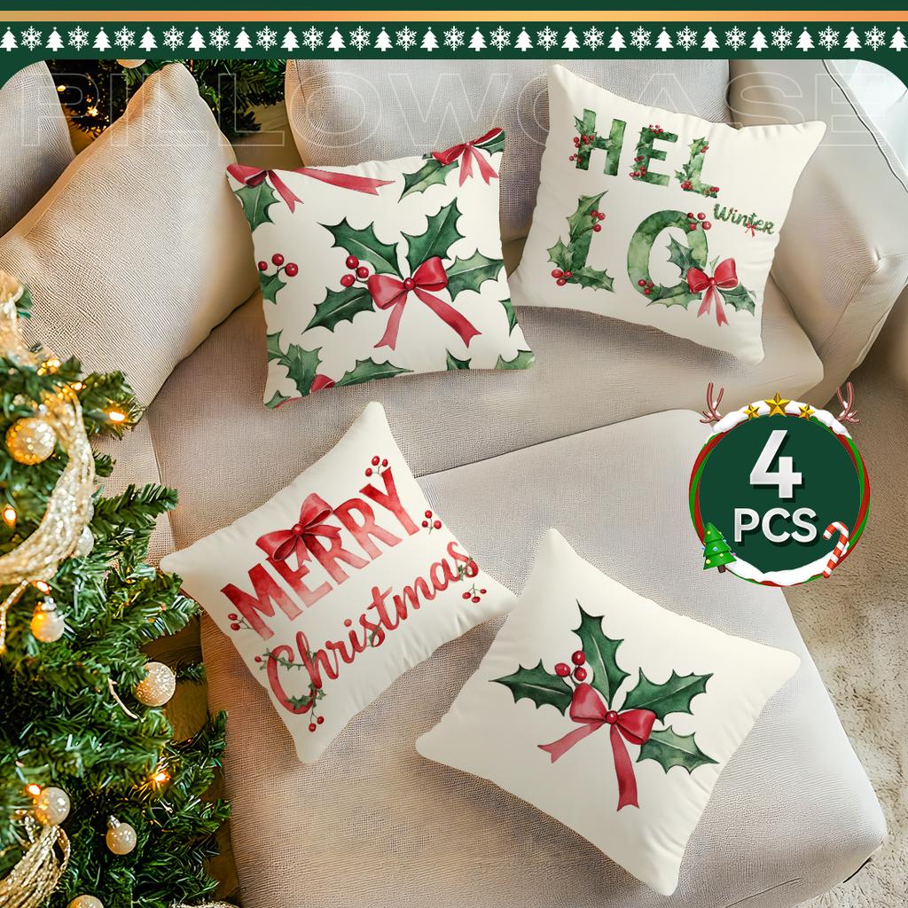 Winter Christmas Bow Pillowcase Printed Polyester 40/45/50cm Throw Pillowcover Decorative Sofa Cushion Pillowslip Home Decor
