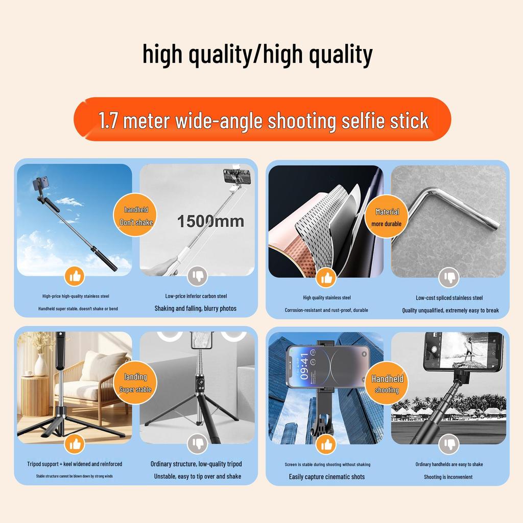 1.7m B16 Bluetooth Selfie Stick with Extendable Tripod, Handheld Anti-shake, 360° Rotation