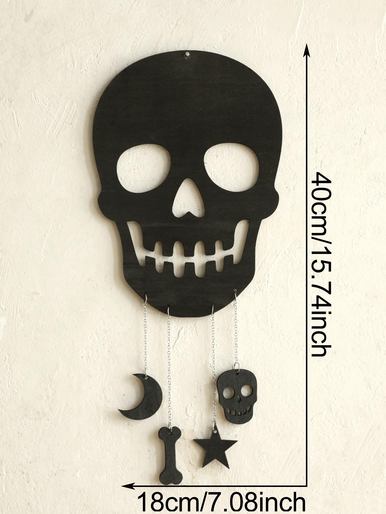 Хэллоуин Черный Деревянный Череп Настенный Подвес - Готический Декор с Подвесками Луна, Звезда, Кость и Черепа, Жуткое Настенное Украшение для Дома