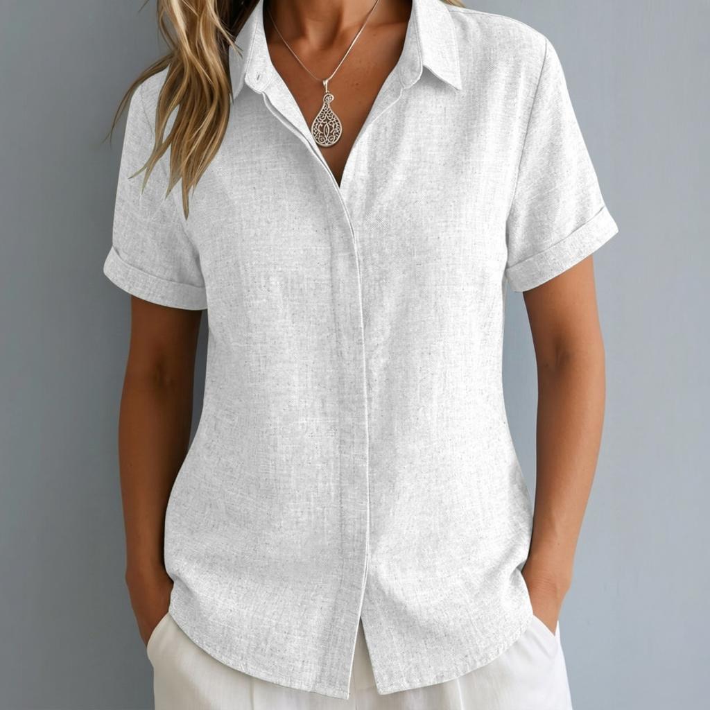 Women Short Sleeve Button Down Shirt Collared Casual Loose Fit Imitation Linen Blouse Lightweight Summer Top for Daily Wear