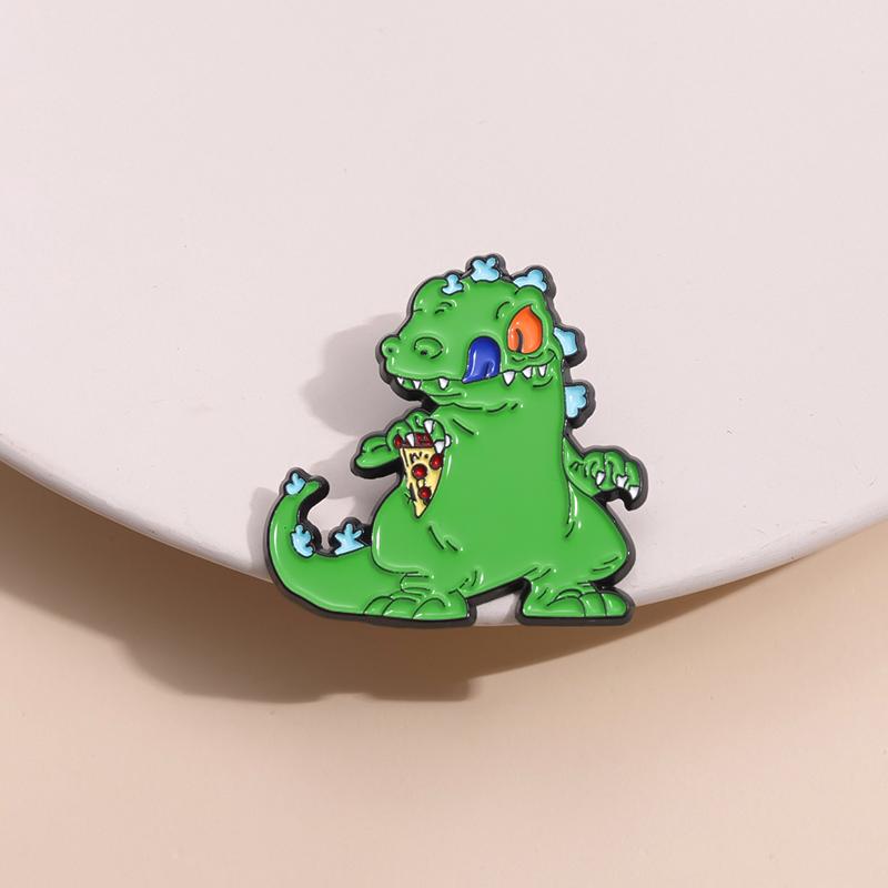 Cute Green Dinosaur Enamel Pins Custom Dinosaur Eating Pizza Brooches Lapel Badges Funny Anime Animal Jewelry Gift for Friends