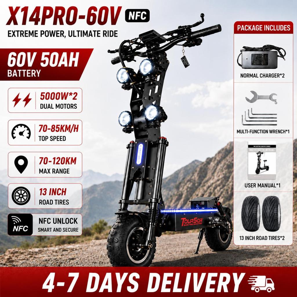 X14 Pro 5000W*2 Dual Motors Electric Scooter 60V 50Ah Lithium Battery 80km/h 120km Range 13-inch Off-road Tires