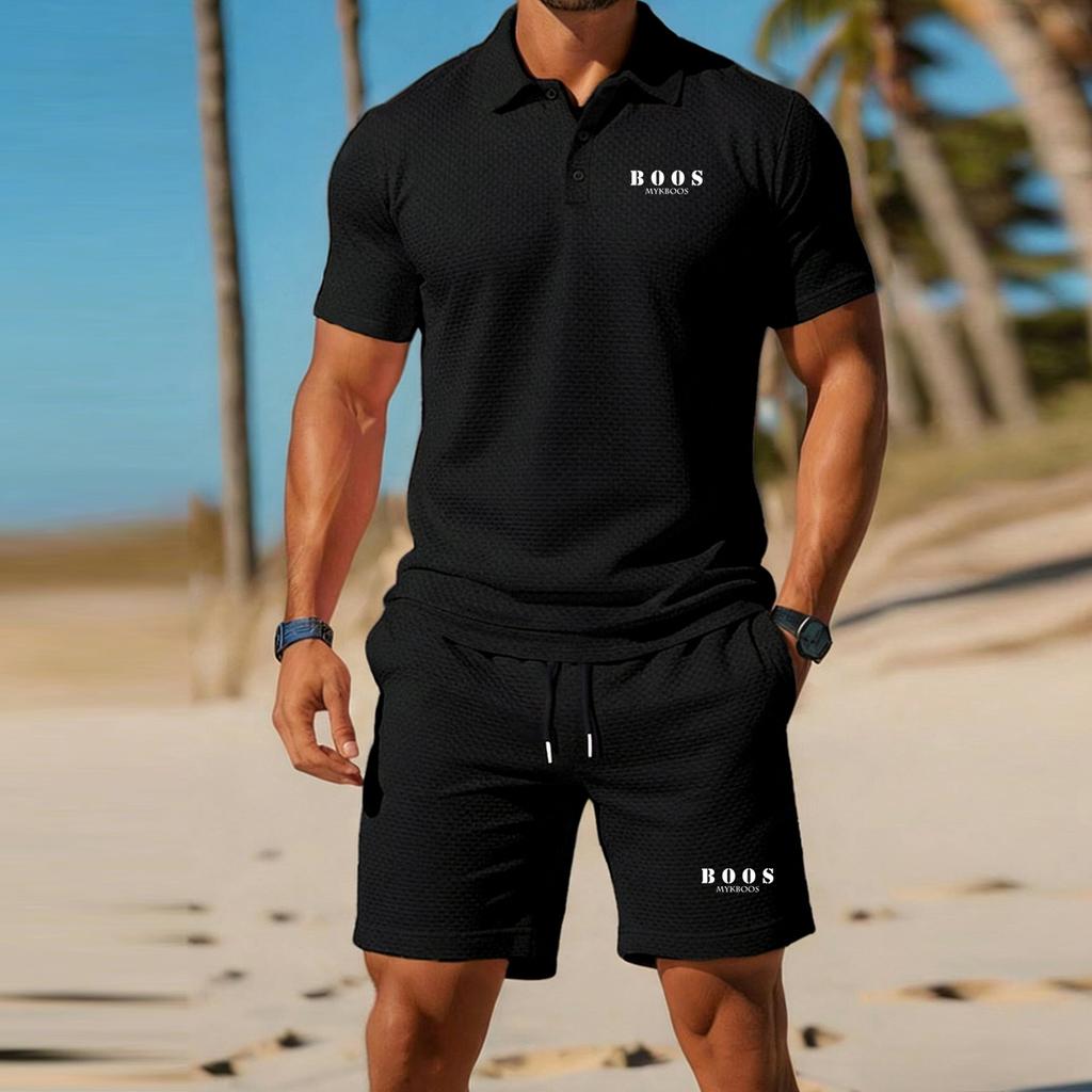 Pánský 2dílný set v business stylu - Košile s krátkým rukávem a šortky, Kompletní outfit, Letní móda, Ležérní, Sportovní a Golfové oblečení