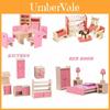 Entzückendes Holzpuppenhaus-Möbelset für Kinder mit farbenfrohen Schlafzimmer-, Küchen- und Wohnzimmer-Accessoires